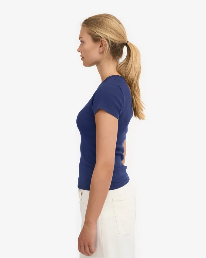 Bio-T-Shirt mit Rippstrick – Marineblau