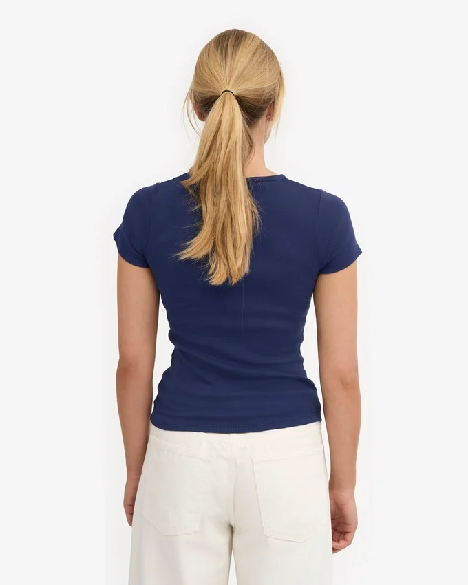 Bio-T-Shirt mit Rippstrick – Marineblau