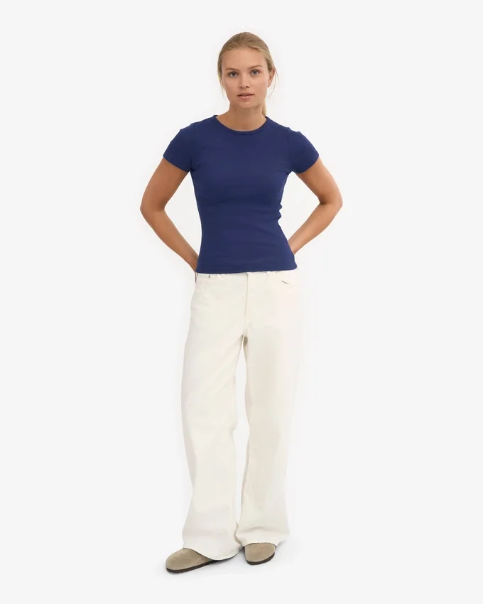 Bio-T-Shirt mit Rippstrick – Marineblau