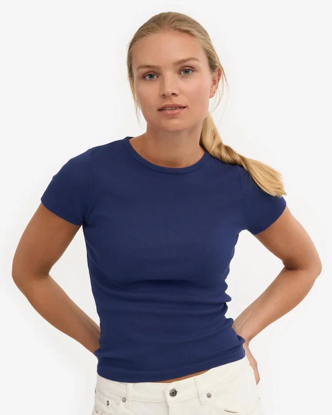 Bio-T-Shirt mit Rippstrick – Marineblau