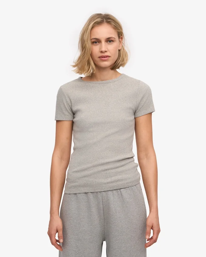 Bio-T-Shirt mit Rippstrick – Meliertes Grau
