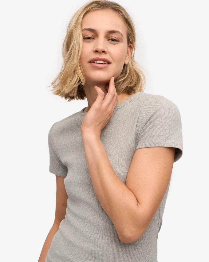 Bio-T-Shirt mit Rippstrick – Meliertes Grau