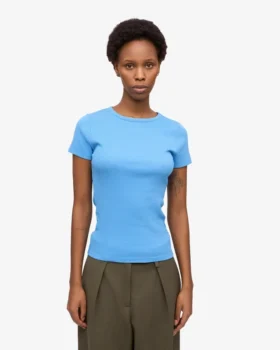 Bio-T-Shirt mit Rippstrick – Pazifikblau