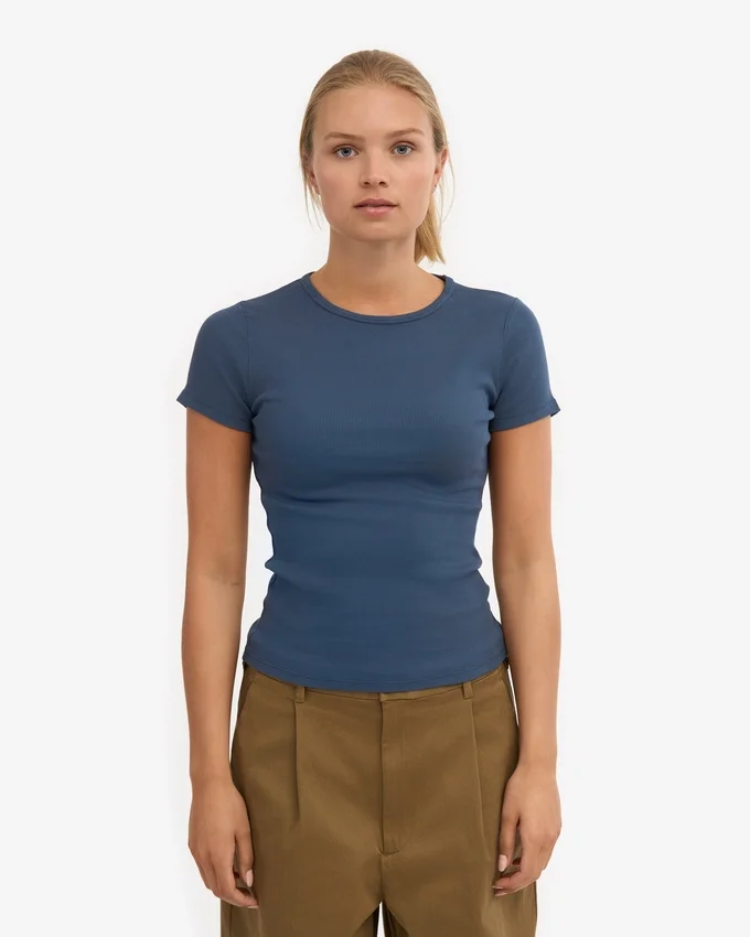 Bio-T-Shirt mit Rippstrick – Petrolblau