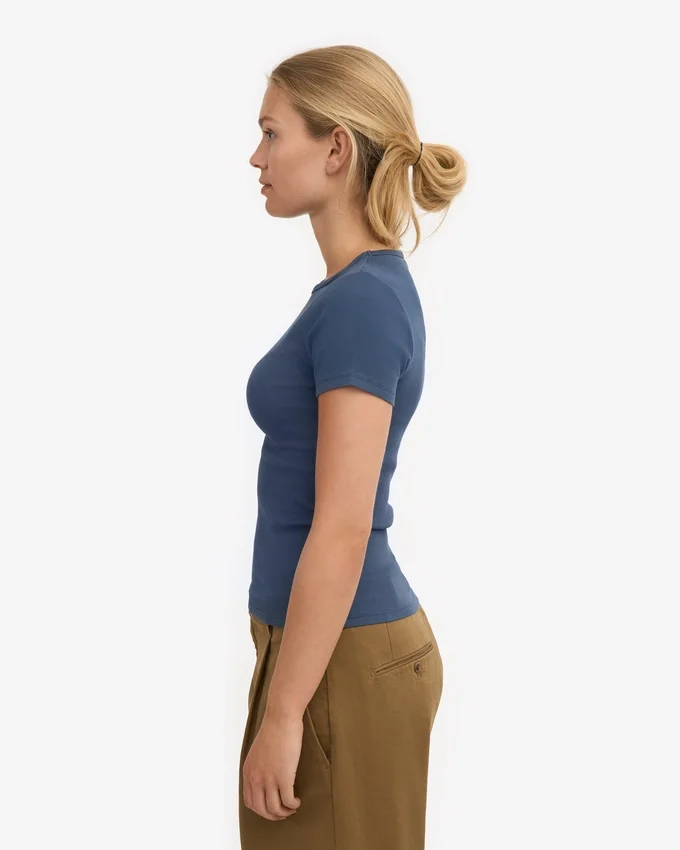 Bio-T-Shirt mit Rippstrick – Petrolblau