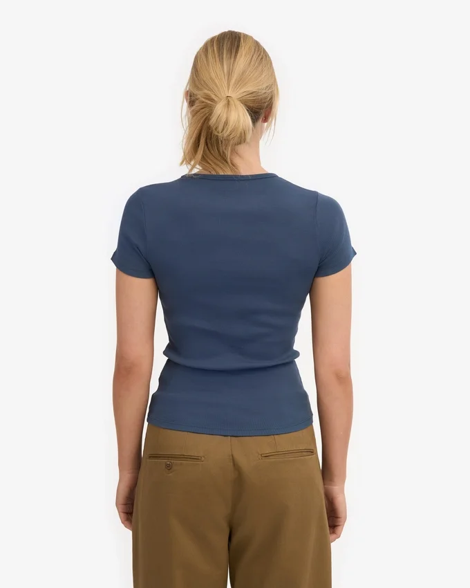 Bio-T-Shirt mit Rippstrick – Petrolblau