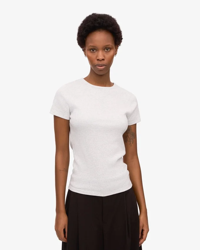 Bio-T-Shirt mit Rippstrick – Schneeweiß meliert
