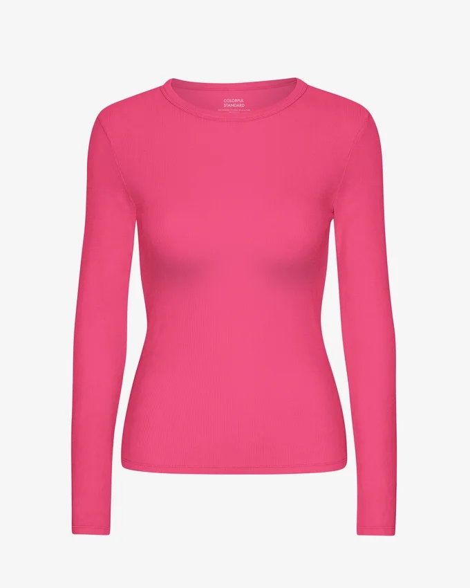 Damen-Bio-T-Shirt mit geripptem Kragen und langen Ärmeln – Bubblegum-Pink