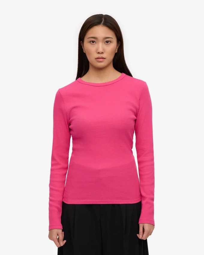Damen-Bio-T-Shirt mit geripptem Kragen und langen Ärmeln – Bubblegum-Pink