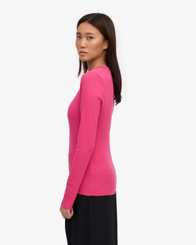 Damen-Bio-T-Shirt mit geripptem Kragen und langen Ärmeln – Bubblegum-Pink