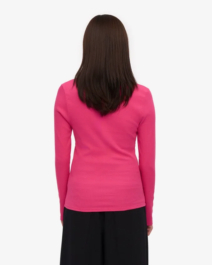 Damen-Bio-T-Shirt mit geripptem Kragen und langen Ärmeln – Bubblegum-Pink