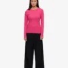 Damen-Bio-T-Shirt mit geripptem Kragen und langen Ärmeln – Bubblegum-Pink