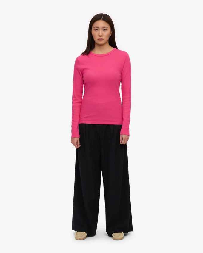 Damen-Bio-T-Shirt mit geripptem Kragen und langen Ärmeln – Bubblegum-Pink