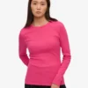 Damen-Bio-T-Shirt mit geripptem Kragen und langen Ärmeln – Bubblegum-Pink