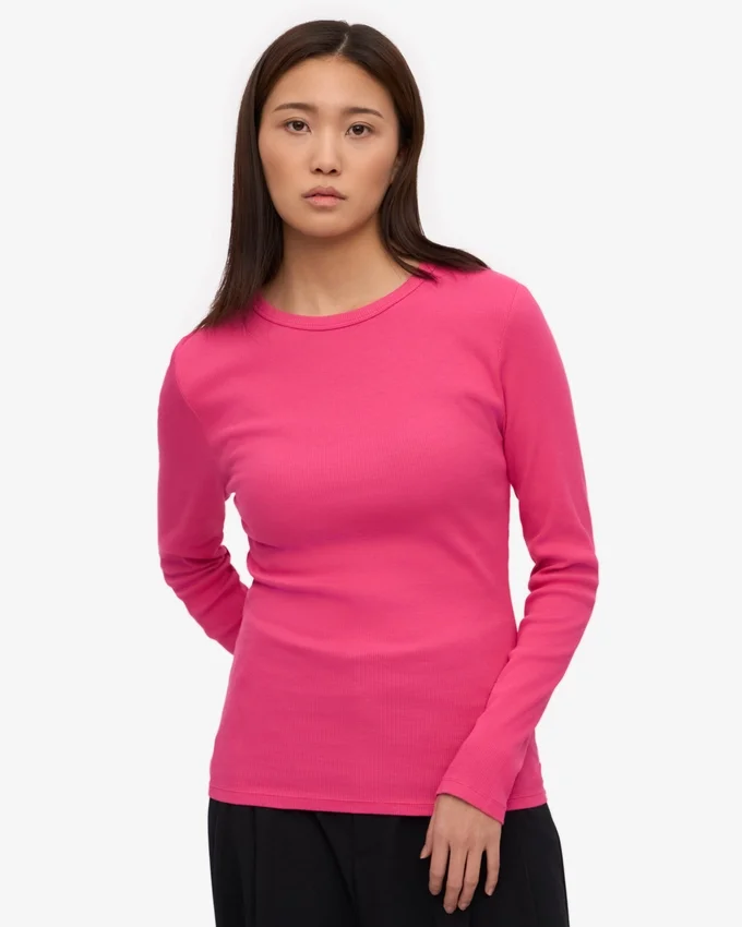 Damen-Bio-T-Shirt mit geripptem Kragen und langen Ärmeln – Bubblegum-Pink