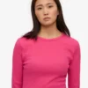 Damen-Bio-T-Shirt mit geripptem Kragen und langen Ärmeln – Bubblegum-Pink