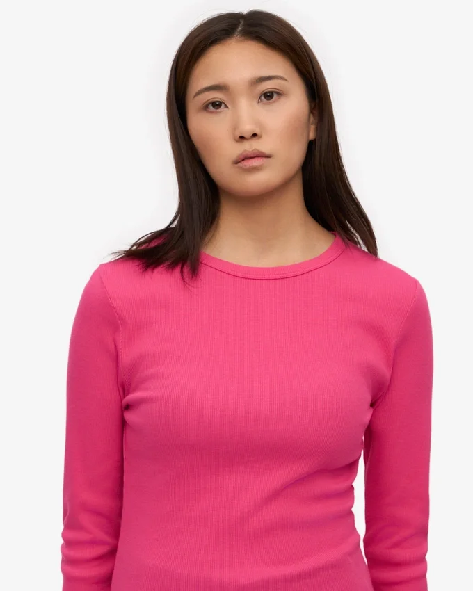 Damen-Bio-T-Shirt mit geripptem Kragen und langen Ärmeln – Bubblegum-Pink