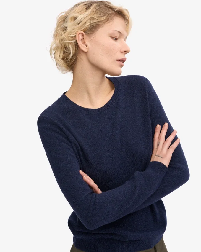 Damen-Pullover aus leichter Merinowolle mit Rundhalsausschnitt – Marineblau