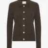 Damen-Strickjacke aus Merinowolle mit Kragen – Kaffeebraun