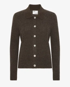 Damen-Strickjacke aus Merinowolle mit Kragen – Kaffeebraun