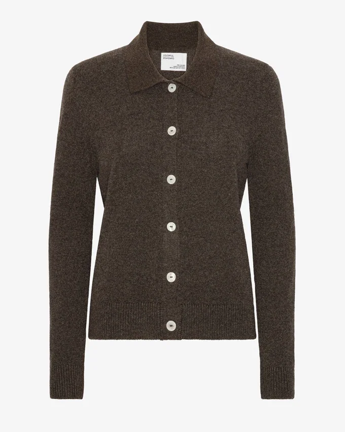 Damen-Strickjacke aus Merinowolle mit Kragen – Kaffeebraun