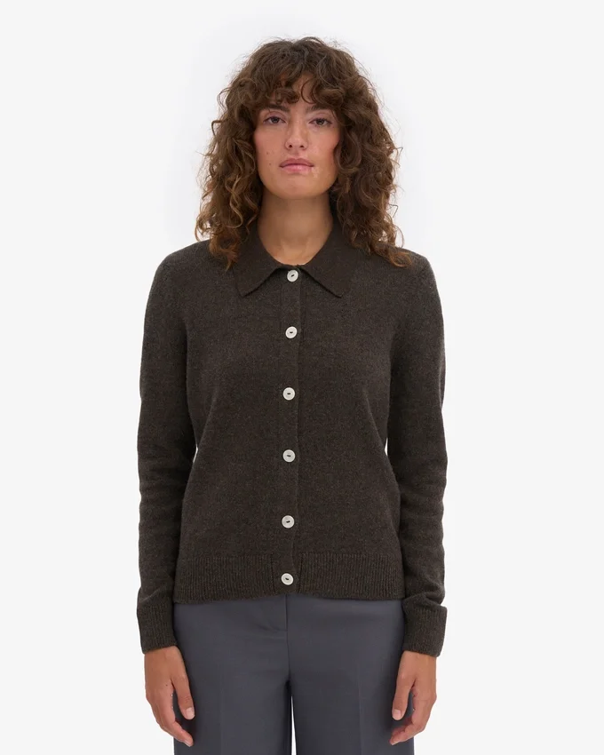 Damen-Strickjacke aus Merinowolle mit Kragen – Kaffeebraun