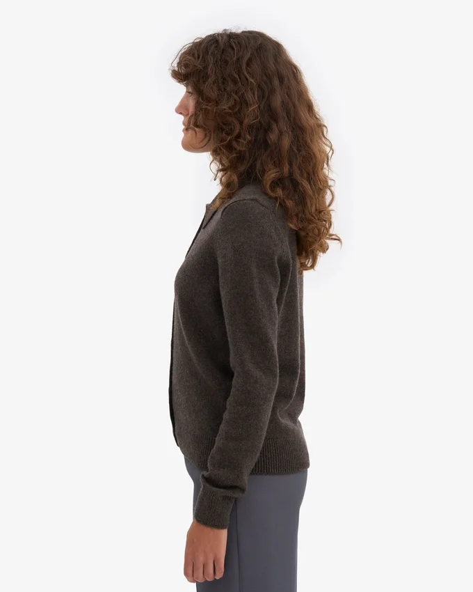 Damen-Strickjacke aus Merinowolle mit Kragen – Kaffeebraun