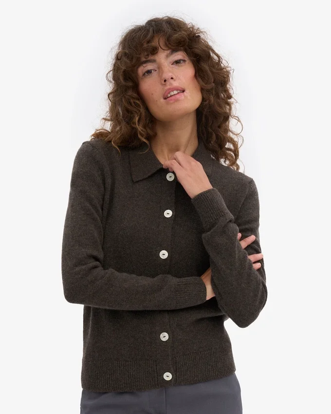 Damen-Strickjacke aus Merinowolle mit Kragen – Kaffeebraun