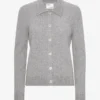Damen-Strickjacke aus Merinowolle mit Kragen – meliertes Grau