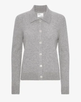 Damen-Strickjacke aus Merinowolle mit Kragen – meliertes Grau