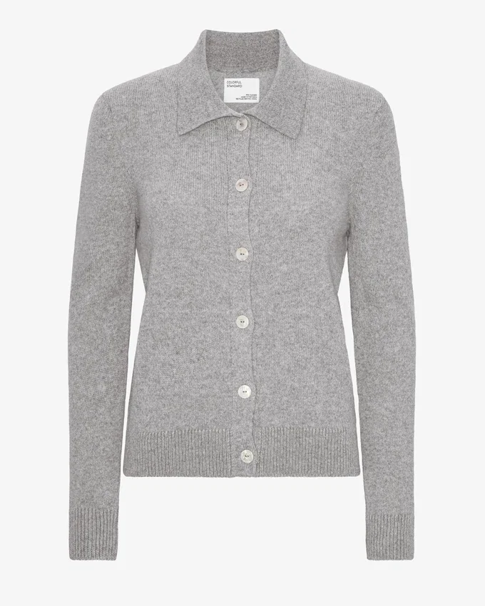 Damen-Strickjacke aus Merinowolle mit Kragen – meliertes Grau