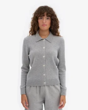 Damen-Strickjacke aus Merinowolle mit Kragen – meliertes Grau