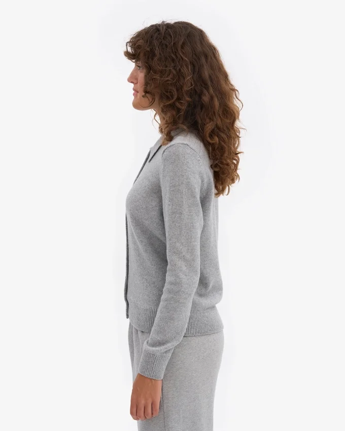 Damen-Strickjacke aus Merinowolle mit Kragen – meliertes Grau
