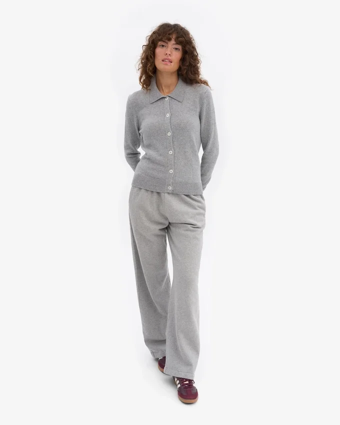Damen-Strickjacke aus Merinowolle mit Kragen – meliertes Grau