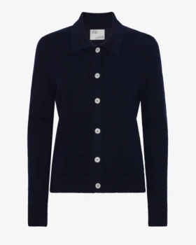 Damen-Strickjacke mit Kragen aus Merinowolle – Marineblau