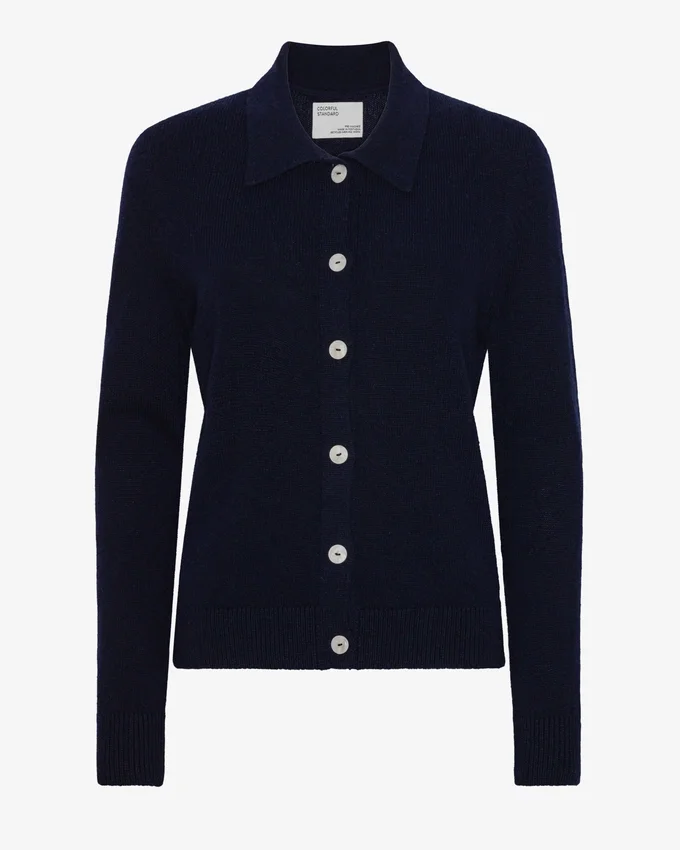 Damen-Strickjacke mit Kragen aus Merinowolle – Marineblau