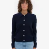 Damen-Strickjacke mit Kragen aus Merinowolle – Marineblau