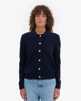 Damen-Strickjacke mit Kragen aus Merinowolle – Marineblau