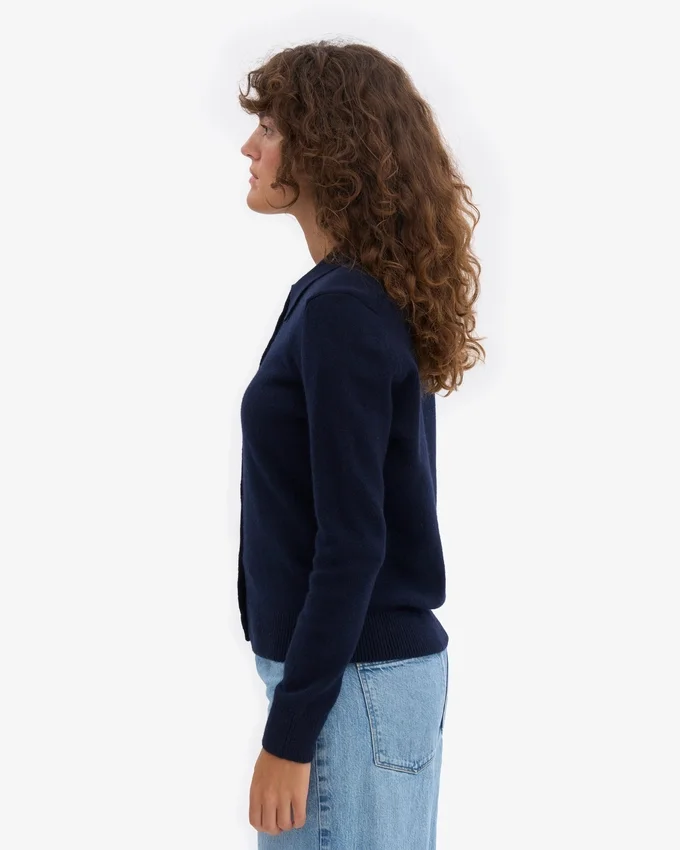 Damen-Strickjacke mit Kragen aus Merinowolle – Marineblau