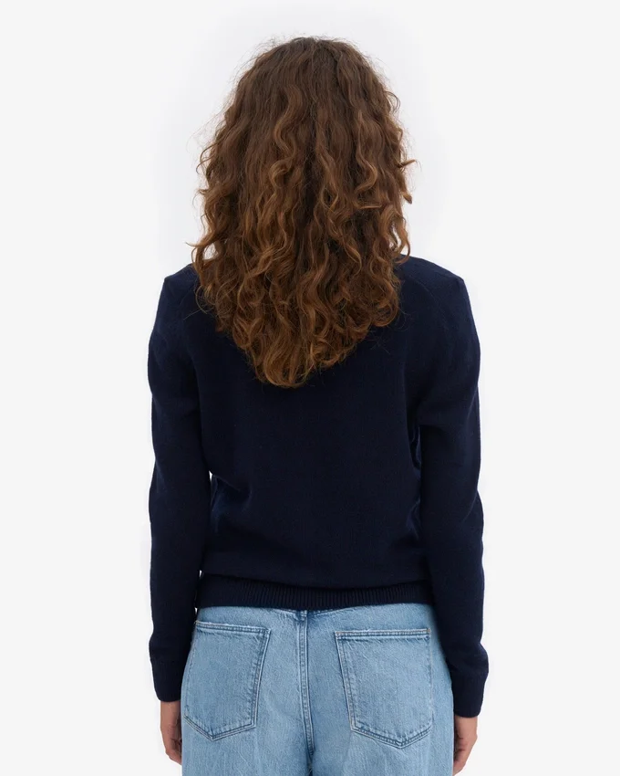 Damen-Strickjacke mit Kragen aus Merinowolle – Marineblau