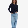 Damen-Strickjacke mit Kragen aus Merinowolle – Marineblau