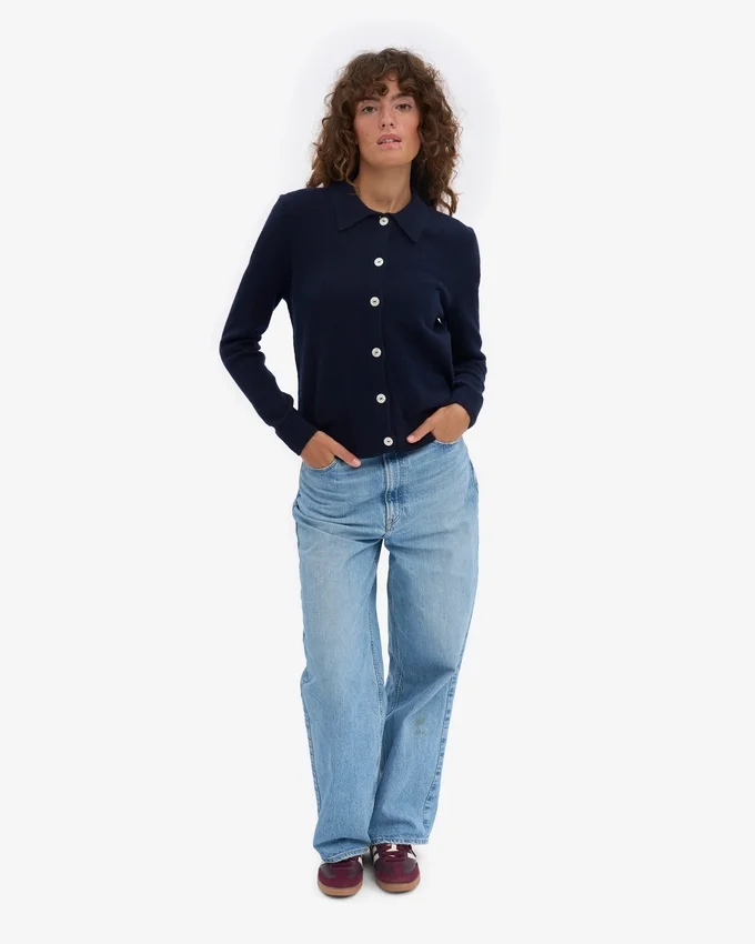 Damen-Strickjacke mit Kragen aus Merinowolle – Marineblau