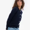 Damen-Strickjacke mit Kragen aus Merinowolle – Marineblau