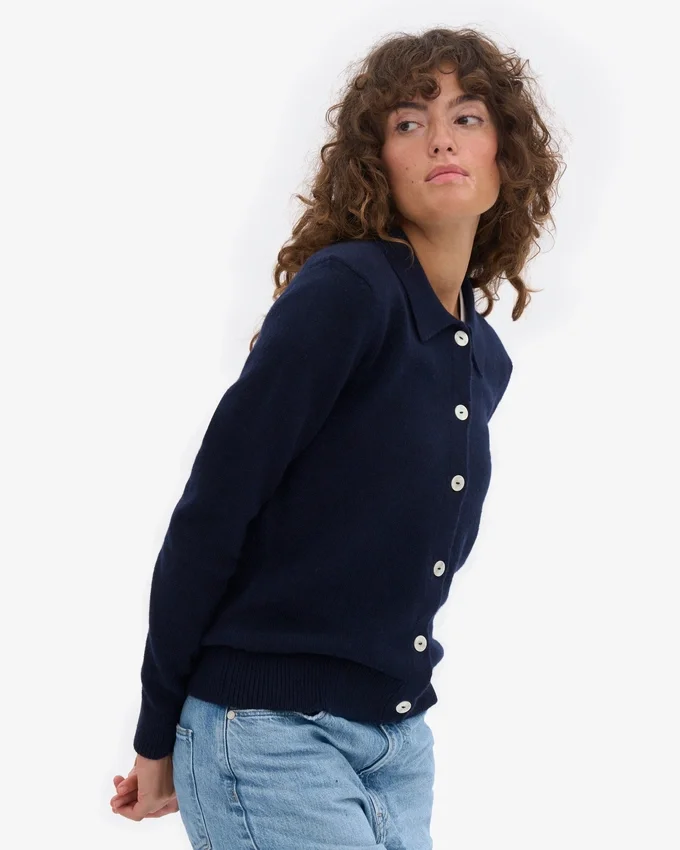 Damen-Strickjacke mit Kragen aus Merinowolle – Marineblau