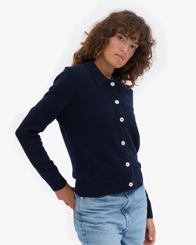 Damen-Strickjacke mit Kragen aus Merinowolle – Marineblau