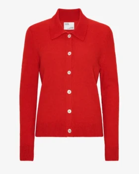 Damen-Strickjacke mit Kragen aus Merinowolle – Rot-Mandarine