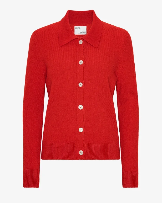 Damen-Strickjacke mit Kragen aus Merinowolle – Rot-Mandarine