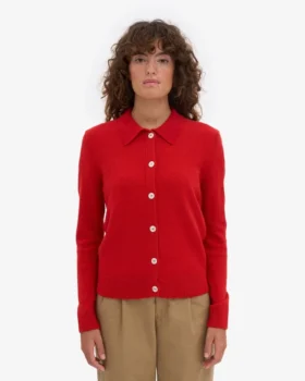 Damen-Strickjacke mit Kragen aus Merinowolle – Rot-Mandarine