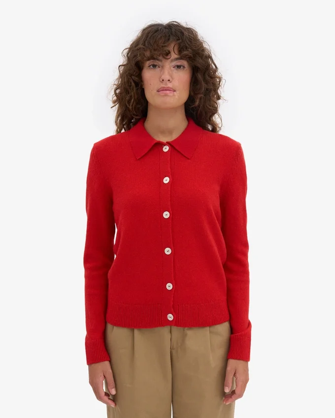 Damen-Strickjacke mit Kragen aus Merinowolle – Rot-Mandarine