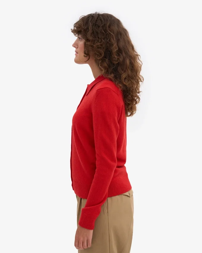 Damen-Strickjacke mit Kragen aus Merinowolle – Rot-Mandarine